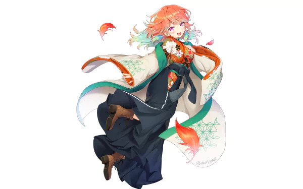 Anime-style HD desktop wallpaper featuring Takanashi Kiara from Hololive with orange hair and purple eyes wearing a detailed kimono in Japanese clothing.