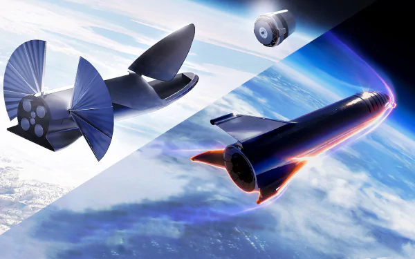 HD wallpaper featuring SpaceX Starship in flight with Earth in the background and detailed components visible.