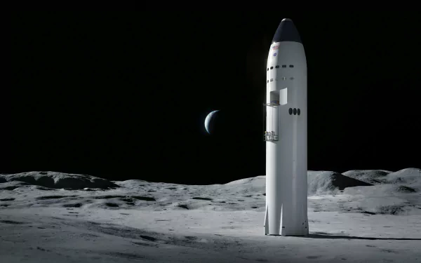 HD wallpaper featuring the SpaceX Starship on the moon's surface with Earth in the background.