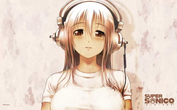 HD anime wallpaper of Super Sonico wearing large headphones, with a neutral expression and soft background, capturing a music-themed aesthetic.