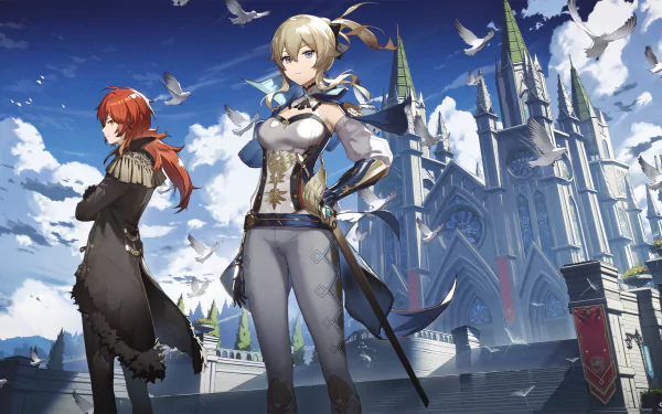 HD PC wallpaper featuring Diluc with red hair and eyes, and blonde Jean from the video game Genshin Impact, set against a detailed fantasy castle backdrop.