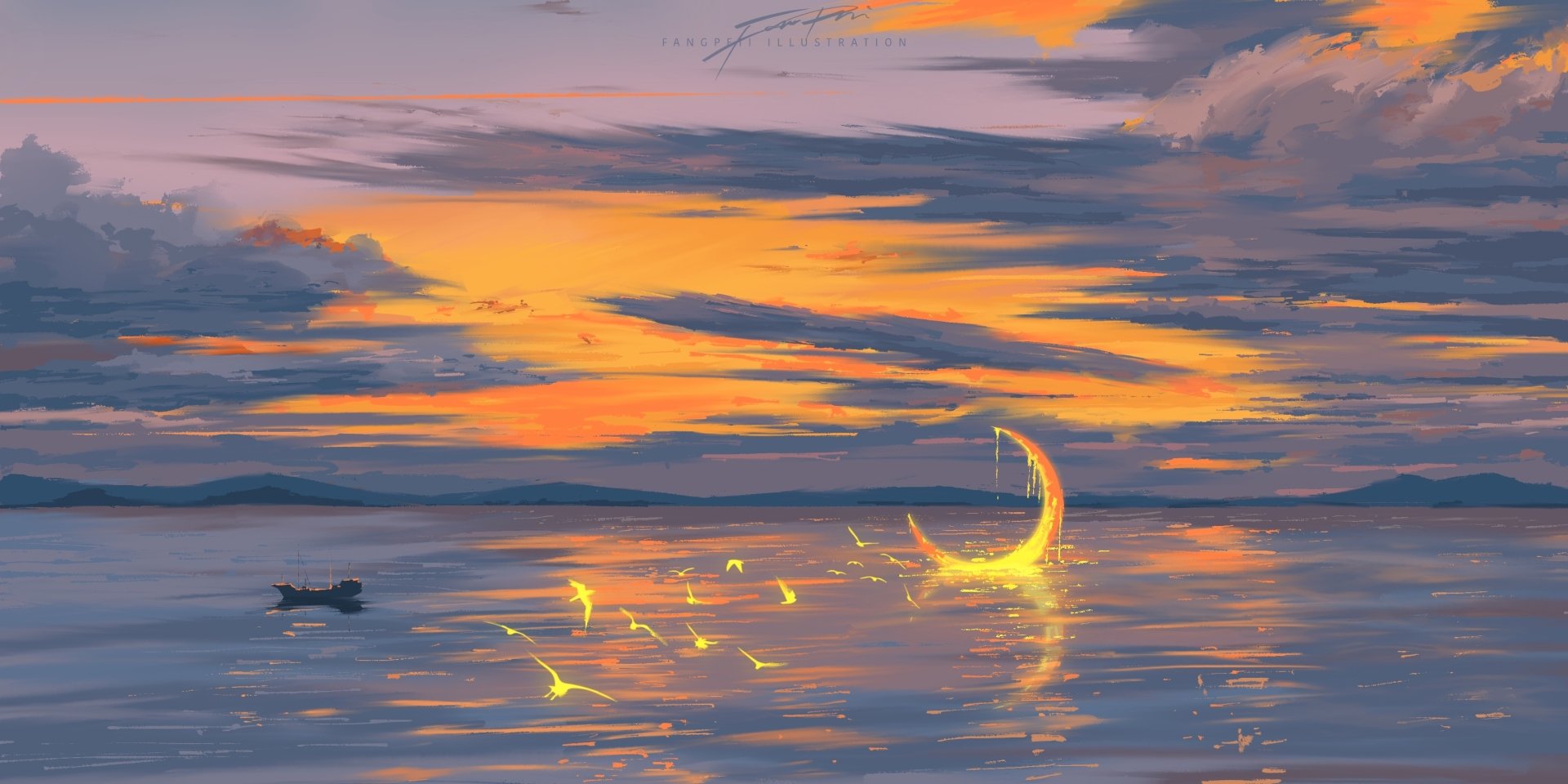 A serene fantasy landscape HD wallpaper featuring a glowing crescent moon floating on calm water under a vibrant sunset sky with scattered clouds.
