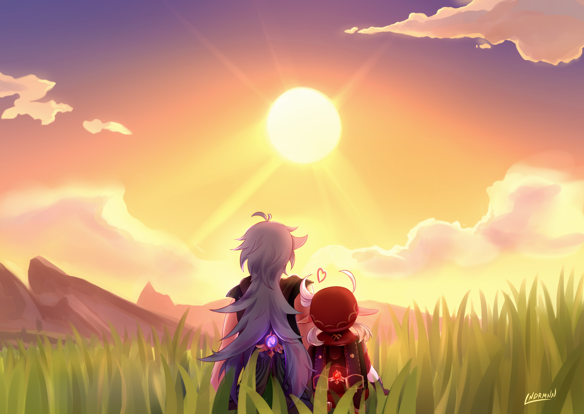 HD PC wallpaper of Razor and Klee from Genshin Impact watching a vibrant sunset over grassy hills in this video game-themed background.