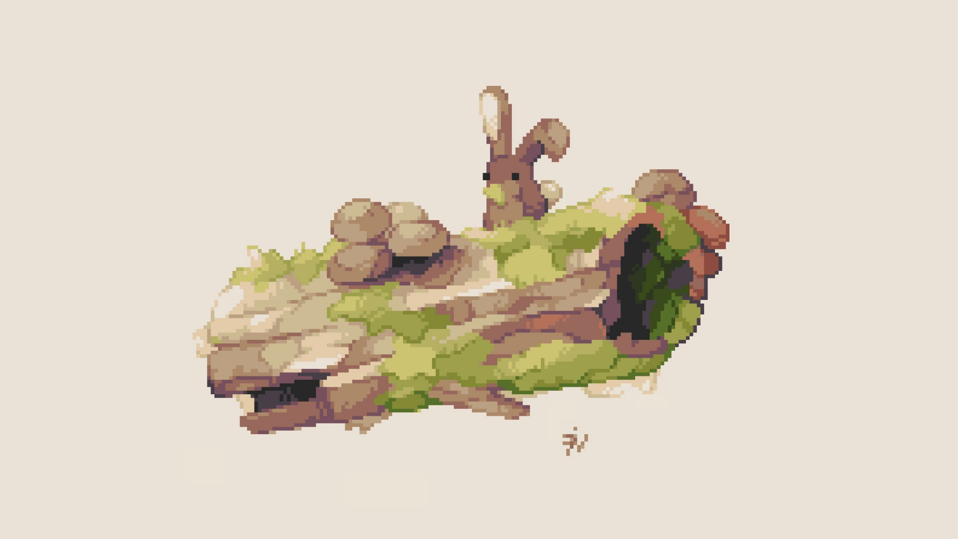 Artistic pixel art of a rabbit peeking out from a moss-covered hollow log, designed as an HD PC desktop wallpaper and background.