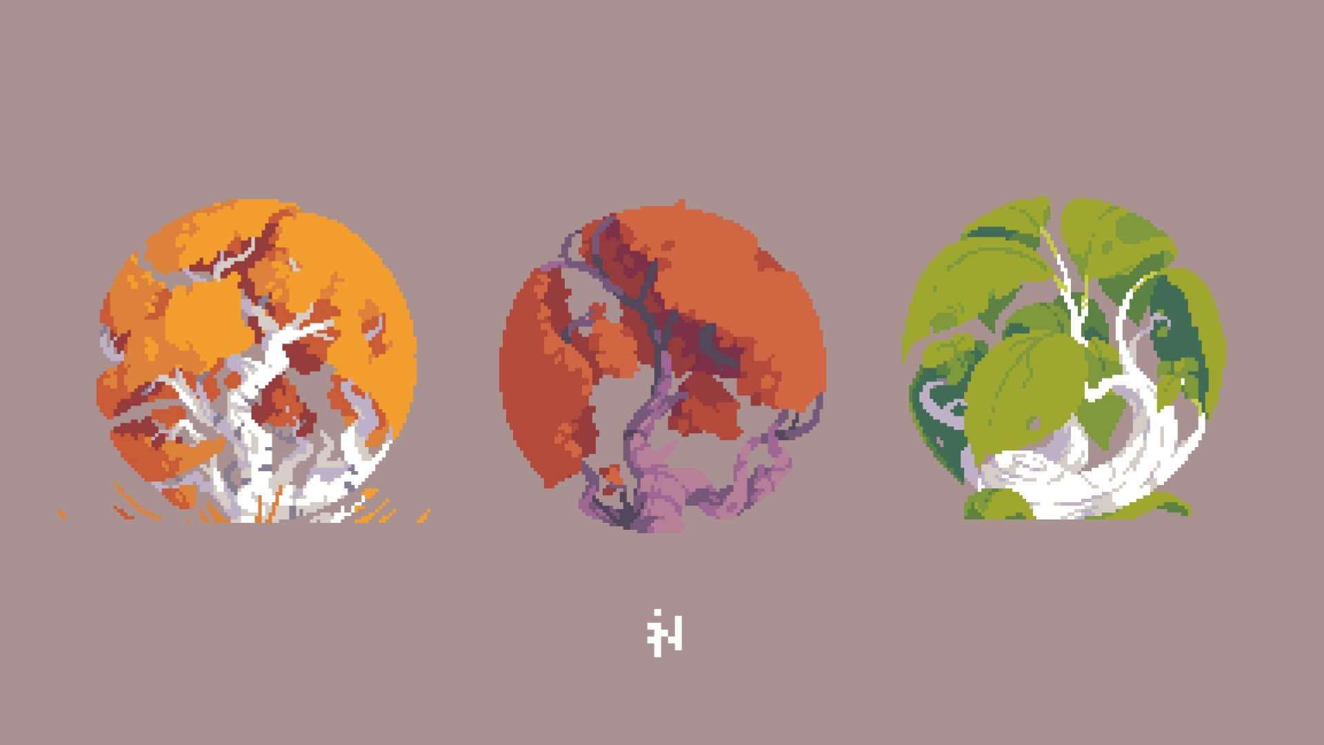 Artistic pixel art featuring three stylized trees in circular frames with vibrant colors, designed as an HD PC desktop wallpaper and background.