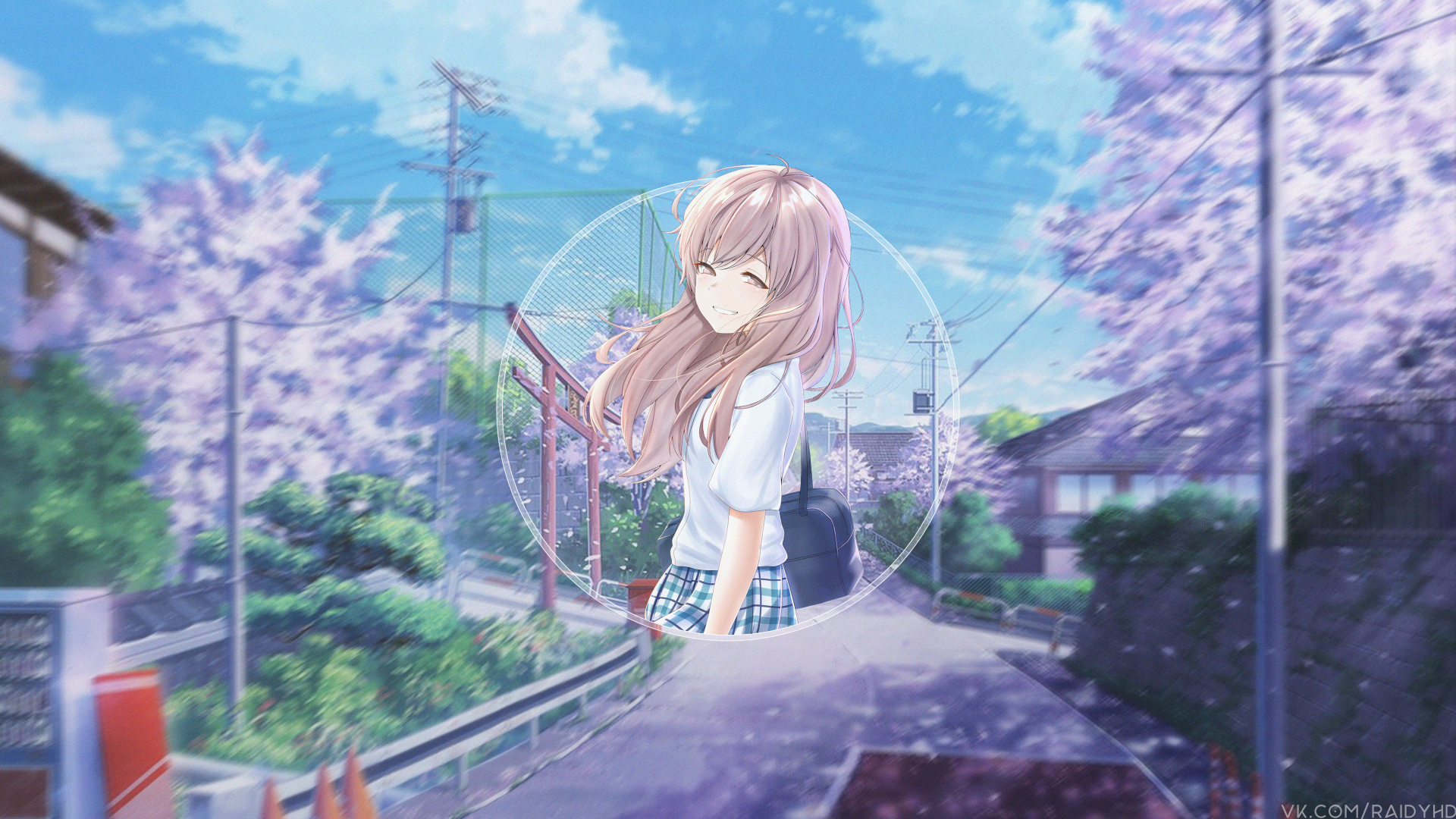 4K Ultra HD anime wallpaper featuring Shouko Nishimiya from A Silent Voice in a picture-in-picture style with a serene outdoor background of cherry blossoms and suburban streets.