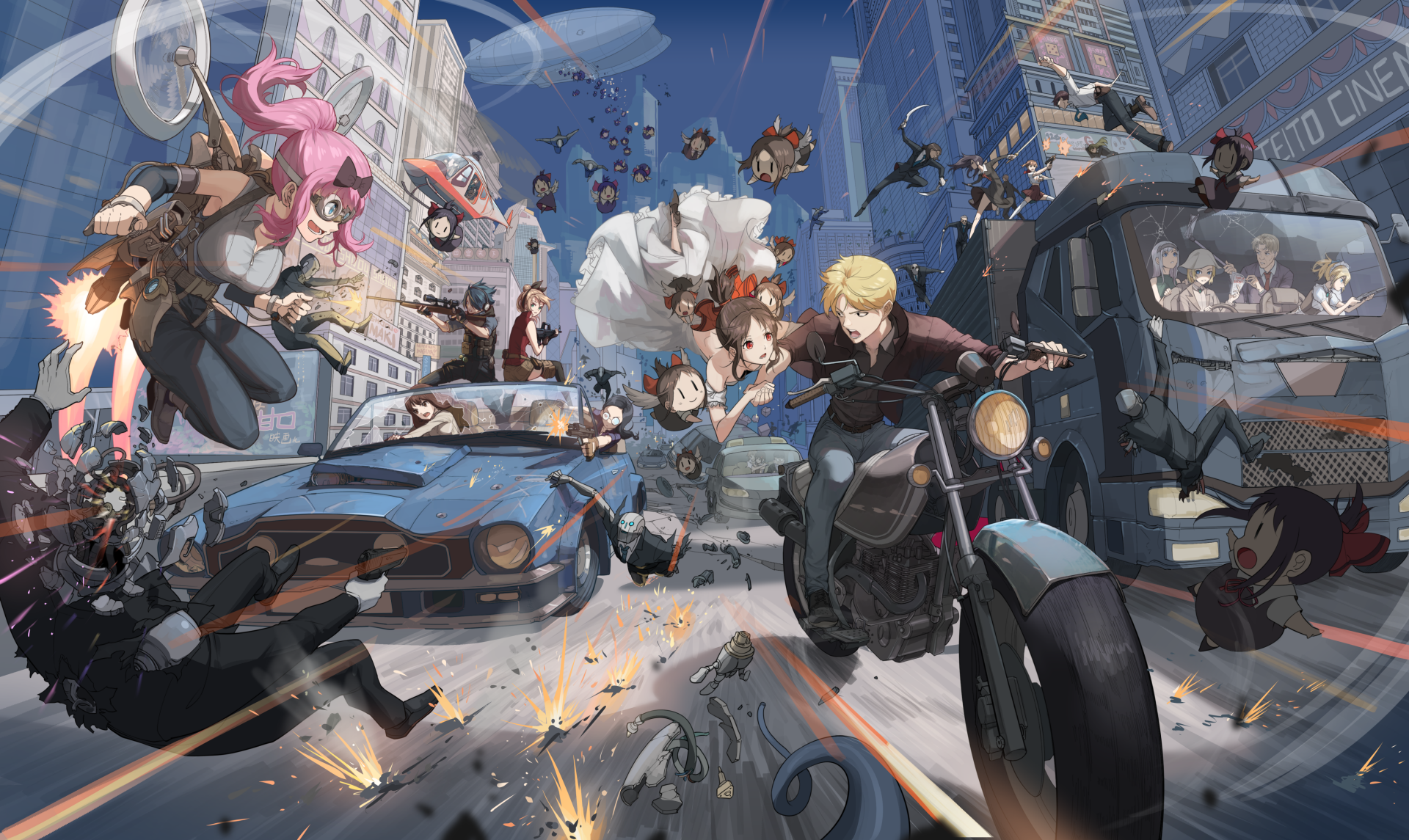 HD desktop wallpaper featuring an action-packed scene from the anime Kaguya-sama: Love is War, with characters involved in a dynamic chase through a city.