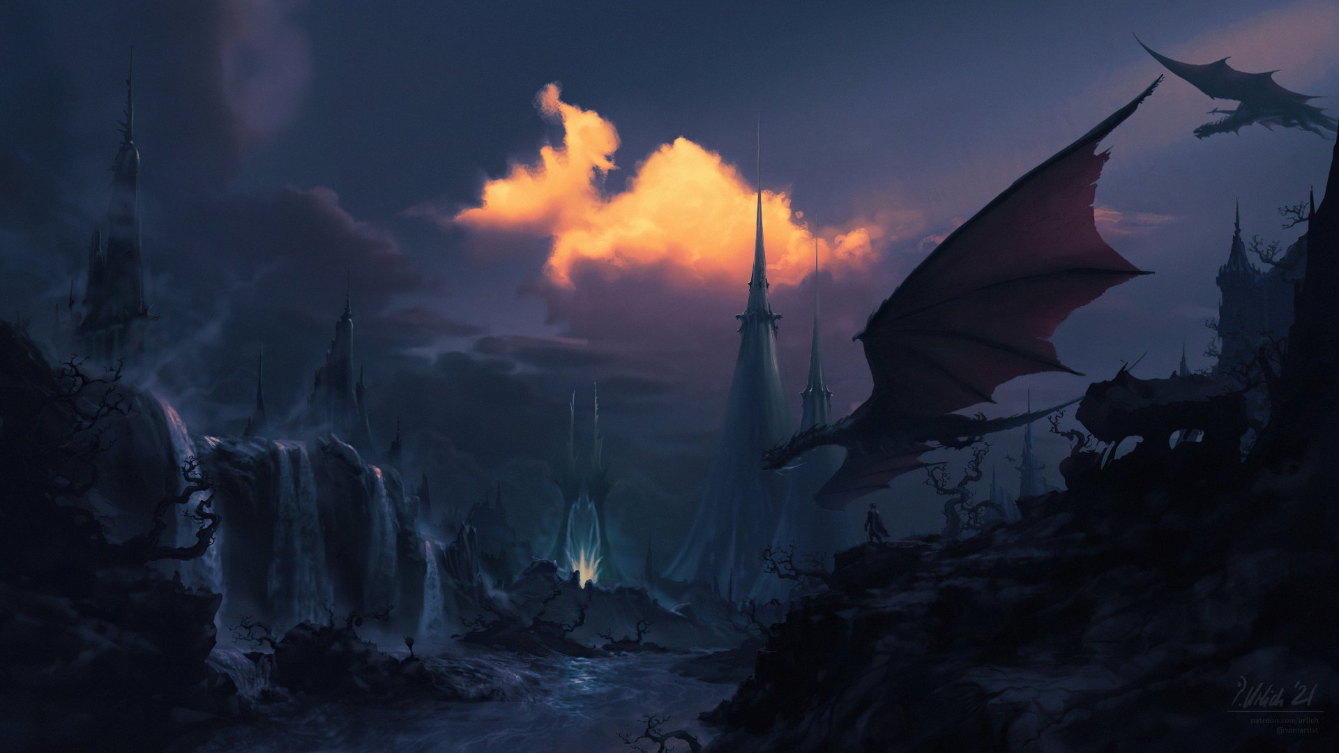 Dark fantasy landscape with a large dragon soaring over towering spires and waterfalls, rendered in stunning 4K Ultra HD as a PC desktop wallpaper and background.