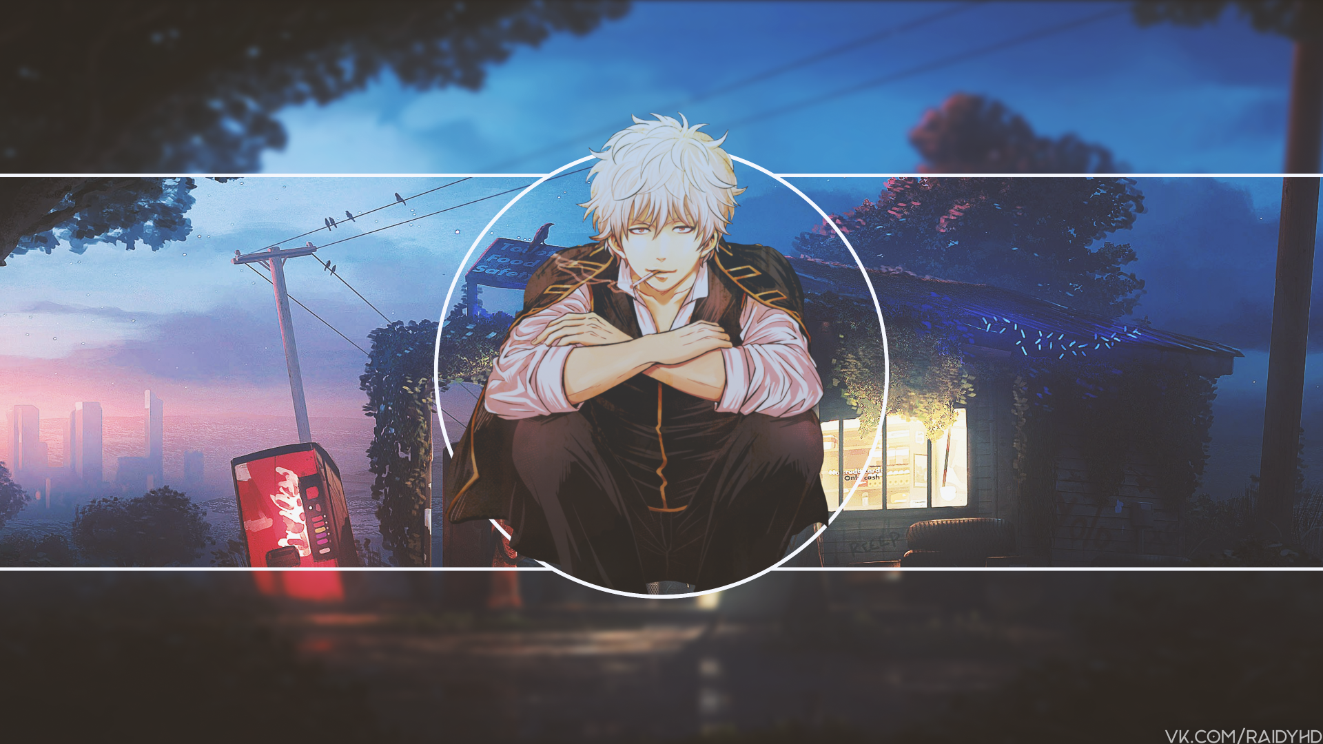 Gintoki Sakata (Gintama) anime 4K Ultra HD PC wallpaper: picture-in-picture circle framing a silver-haired samurai sitting on a twilight street background.