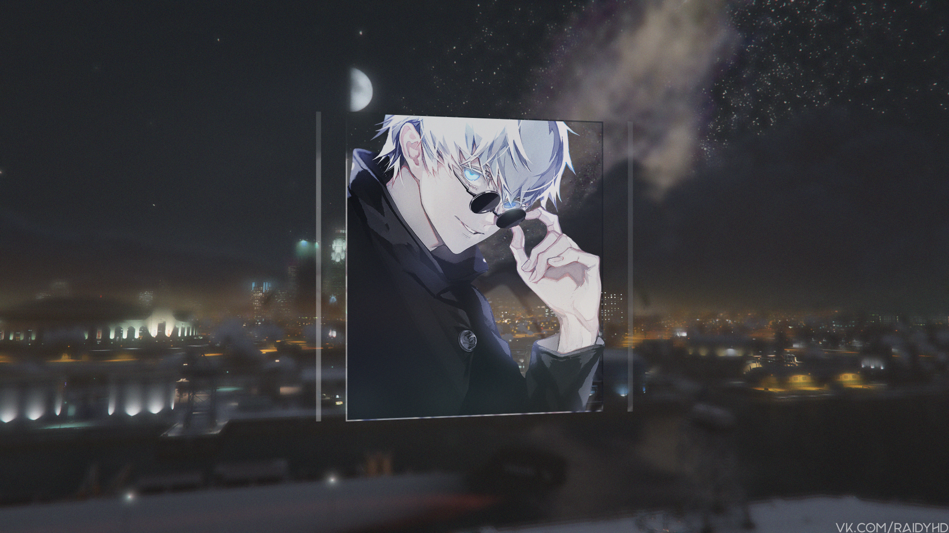 HD desktop wallpaper featuring Satoru Gojo from the anime Jujutsu Kaisen, framed in a picture-in-picture style against a nighttime cityscape background.