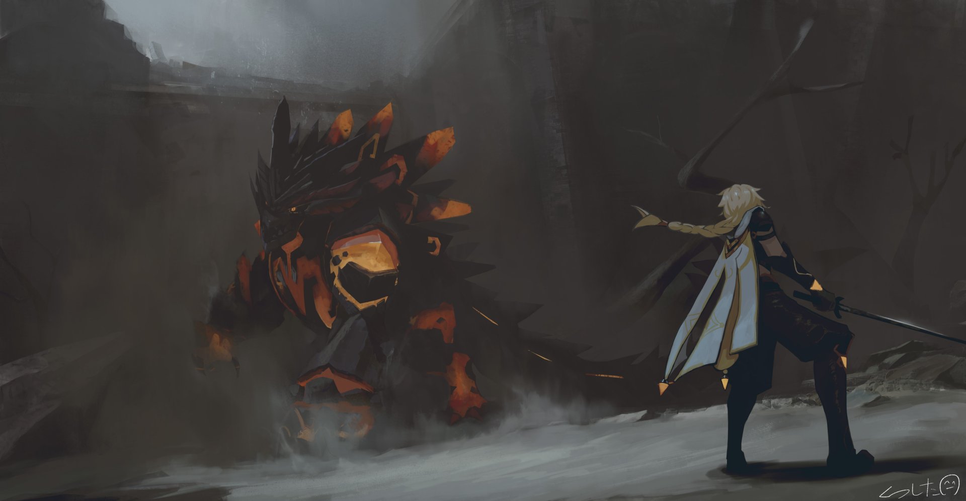 Aether from Genshin Impact faces a fiery, shadowy creature in a dark, misty environment. This 4K Ultra HD PC desktop wallpaper captures an intense moment from the video game.