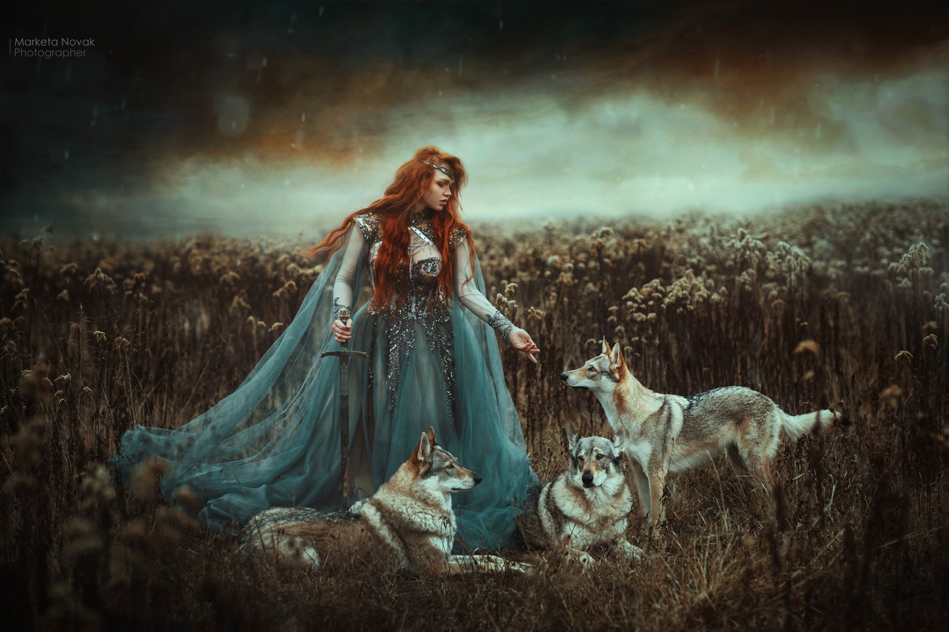 Download Czechoslovakian Wolfdog Wolf Redhead Long Hair Sword Woman Model HD Wallpaper by Marketa Novak
