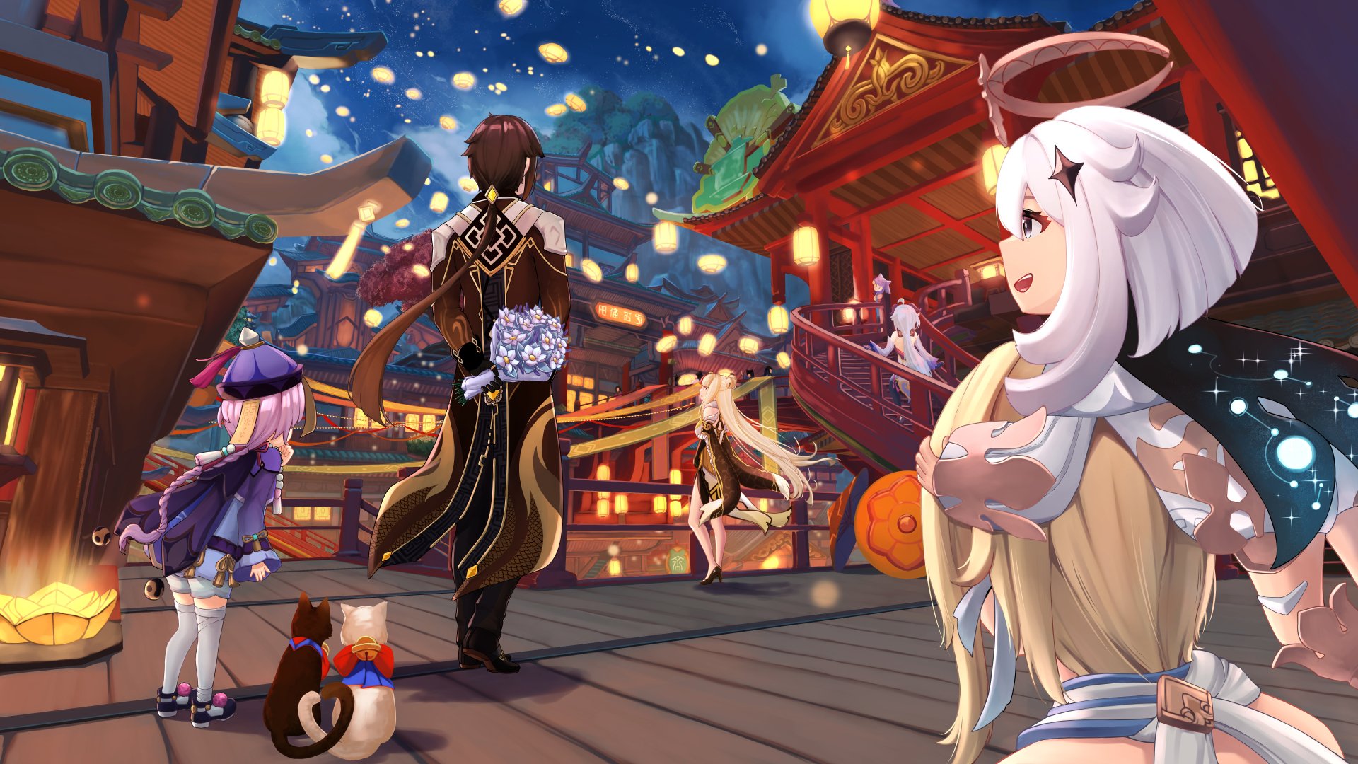 Download Qiqi (Genshin Impact) Zhongli (Genshin Impact) Paimon (Genshin Impact) Ningguang (Genshin Impact) Video Game Genshin Impact 8k Ultra HD Wallpaper by 白 Shiro