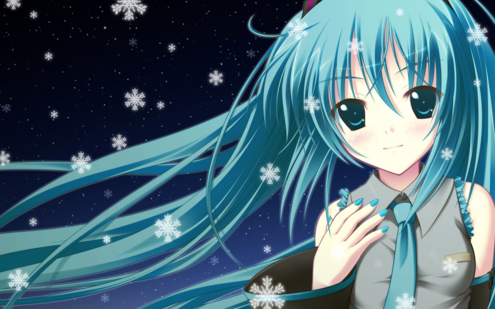 A vibrant HD wallpaper featuring Hatsune Miku, the iconic Vocaloid character, set against a starry night background with falling snowflakes, showcasing her signature blue hair and expressive eyes.