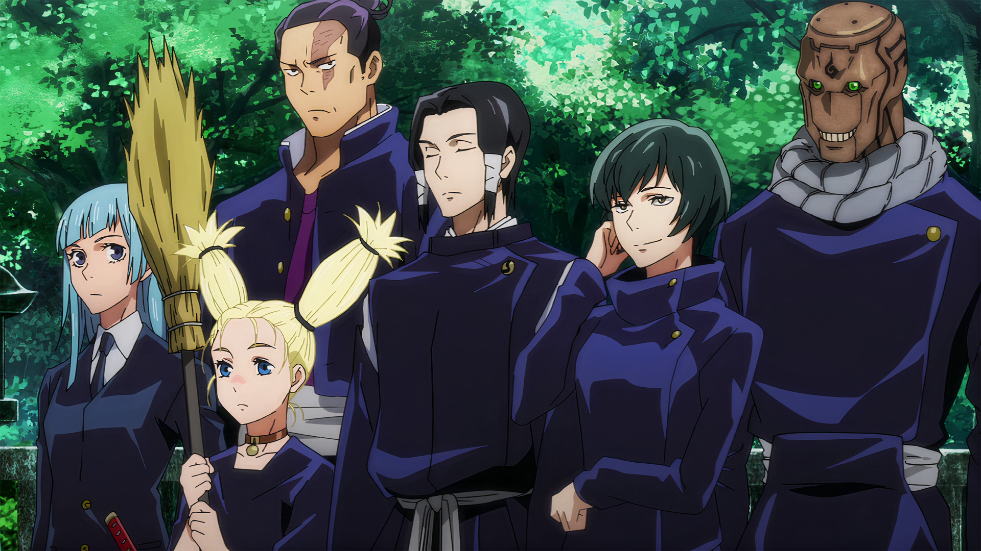 HD PC desktop wallpaper featuring characters from the anime Jujutsu Kaisen standing together against a lush green forest background.