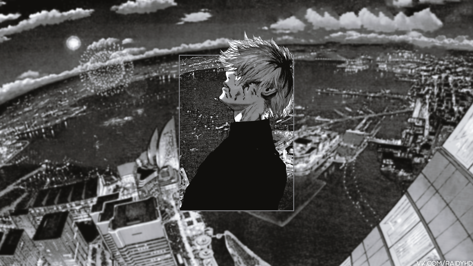 4K Ultra HD anime desktop wallpaper featuring Ken Kaneki from Tokyo Ghoul:re, set against a monochrome cityscape background with a dramatic sky.