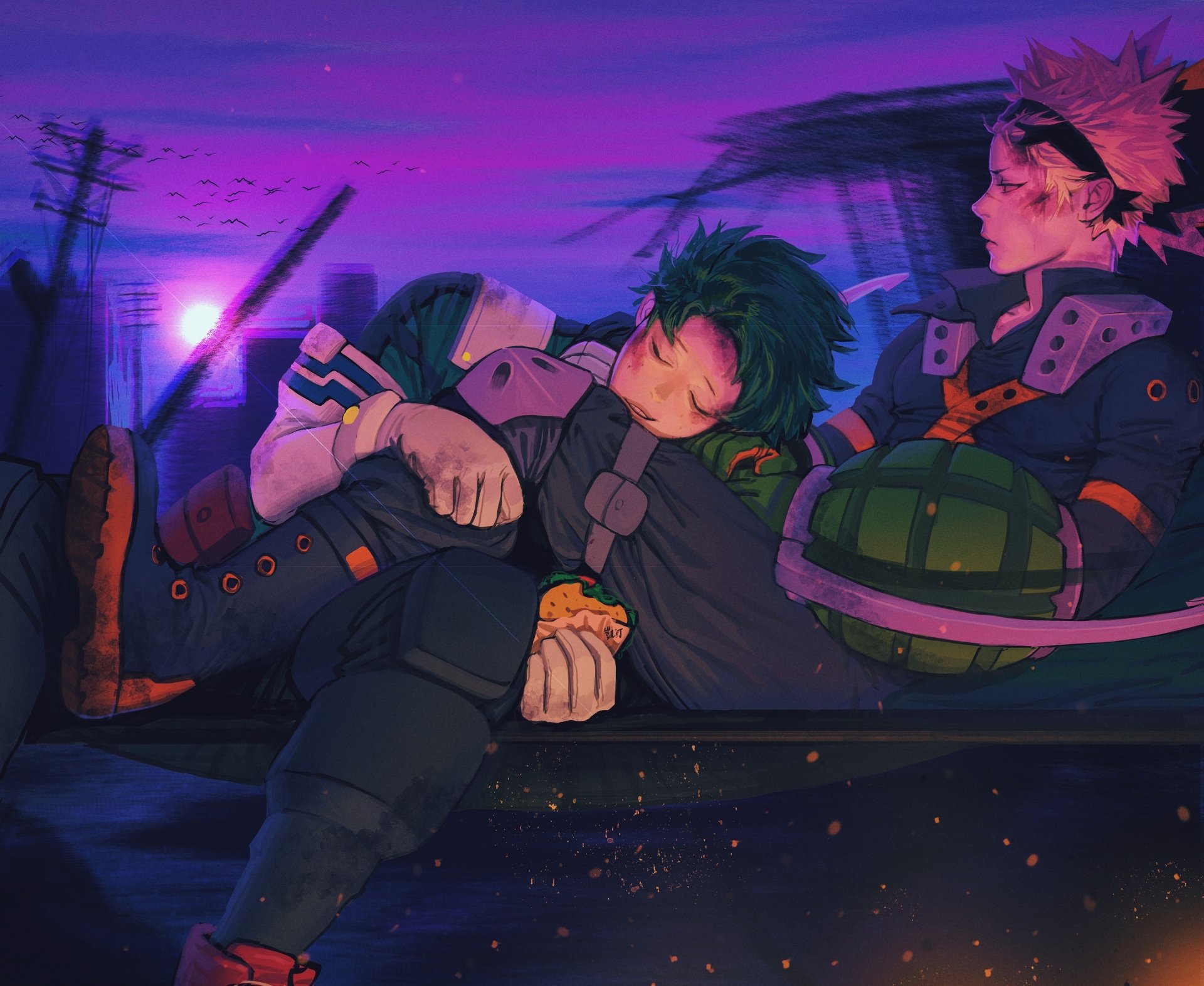 4K Ultra HD desktop wallpaper featuring Izuku Midoriya and Katsuki Bakugou from My Hero Academia in a relaxed, atmospheric anime scene.