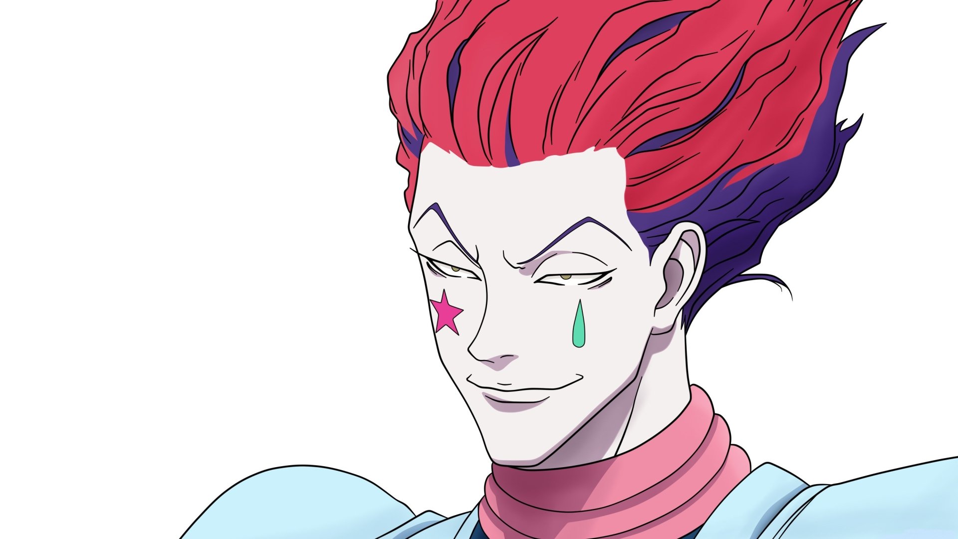 Hisoka (Hunter × Hunter) anime 2K Quad HD PC desktop wallpaper showing him smirking, star and teardrop face paint, red-purple hair against a white background.