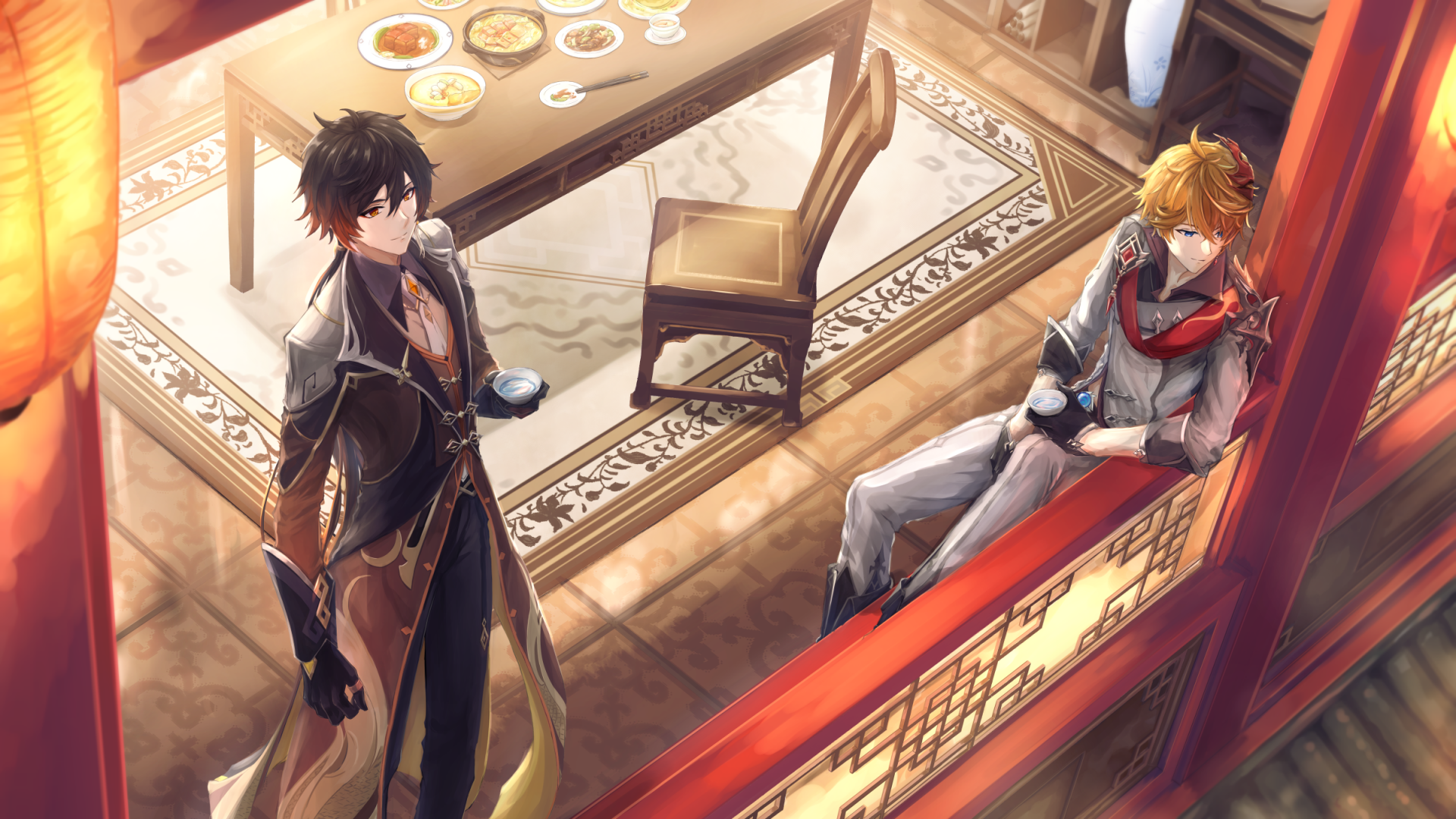 HD PC wallpaper featuring Zhongli with yellow eyes and brown hair, and Tartaglia Childe with blue eyes from the video game Genshin Impact in a warm, detailed indoor setting.