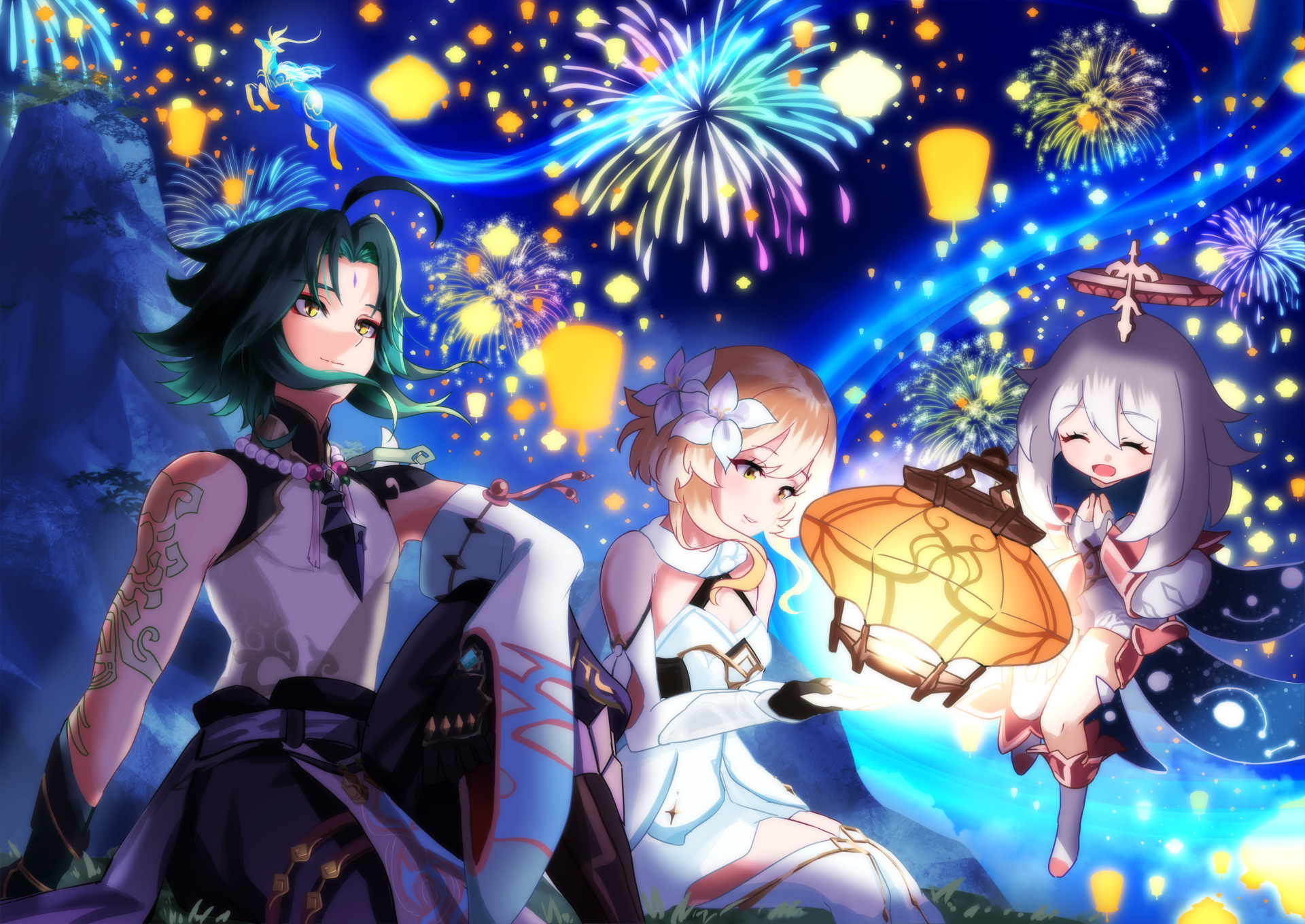 Download Lantern Rite (Genshin Impact) Xiao (Genshin Impact) Paimon (Genshin Impact) Lumine (Genshin Impact) Video Game Genshin Impact HD Wallpaper by SIVAO