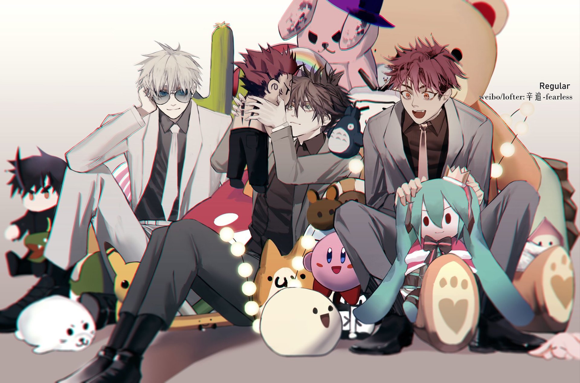 HD anime crossover desktop wallpaper featuring Jujutsu Kaisen's Satoru Gojo, Sukuna, Yuji Itadori and Megumi Fushiguro with Hatsune Miku amid Pokémon plushies.