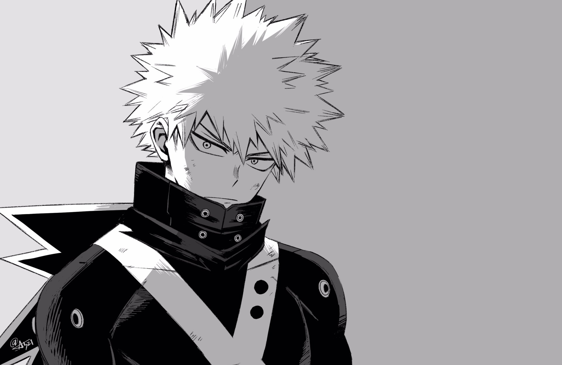 Katsuki Bakugou from My Hero Academia in a striking black and white 4K Ultra HD anime wallpaper for PC desktop backgrounds.