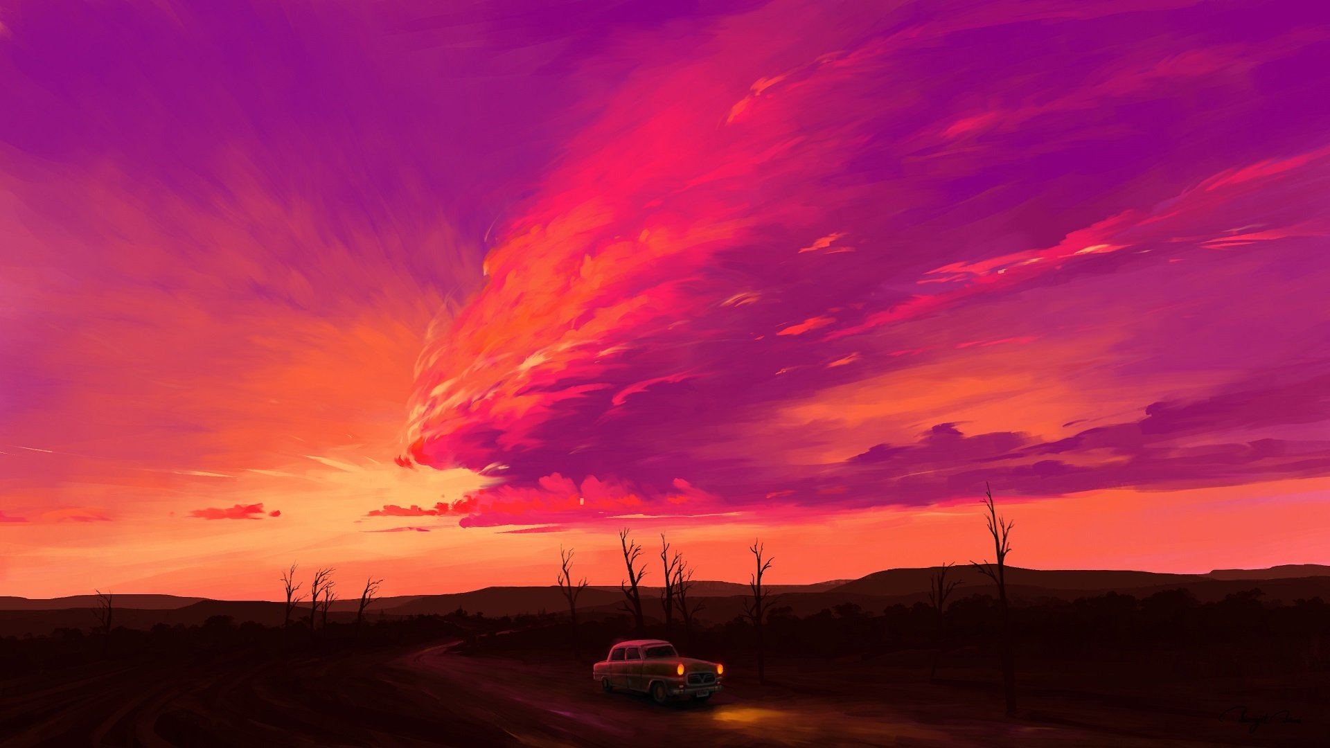 A vibrant artistic HD desktop wallpaper of an old car on a landscape under dramatic clouds and a fiery sunset sky.