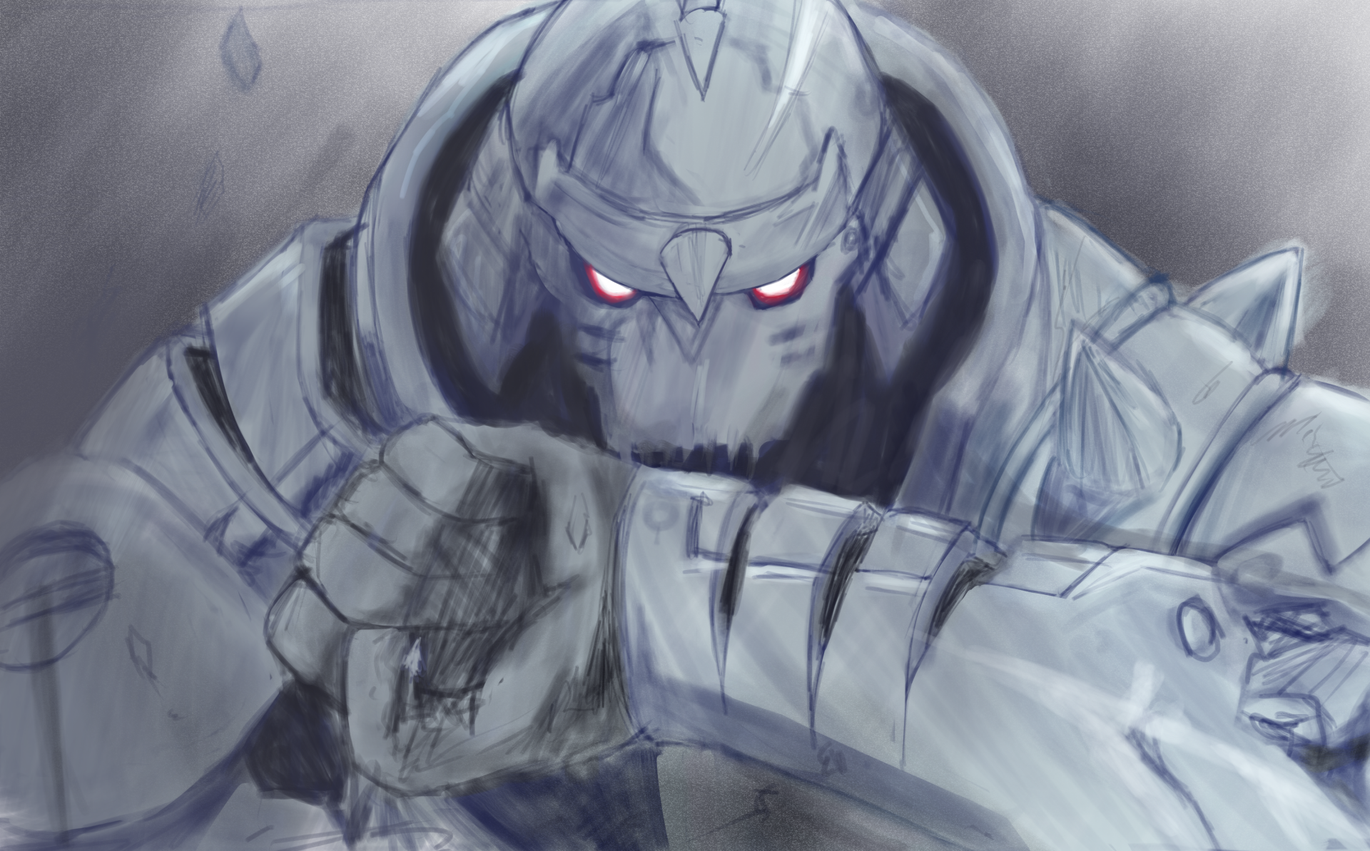 Alphonse Elric (Fullmetal Alchemist) in armored anime form, moody grayscale 2K Quad HD PC desktop wallpaper with glowing red eyes and clenched gauntlet.