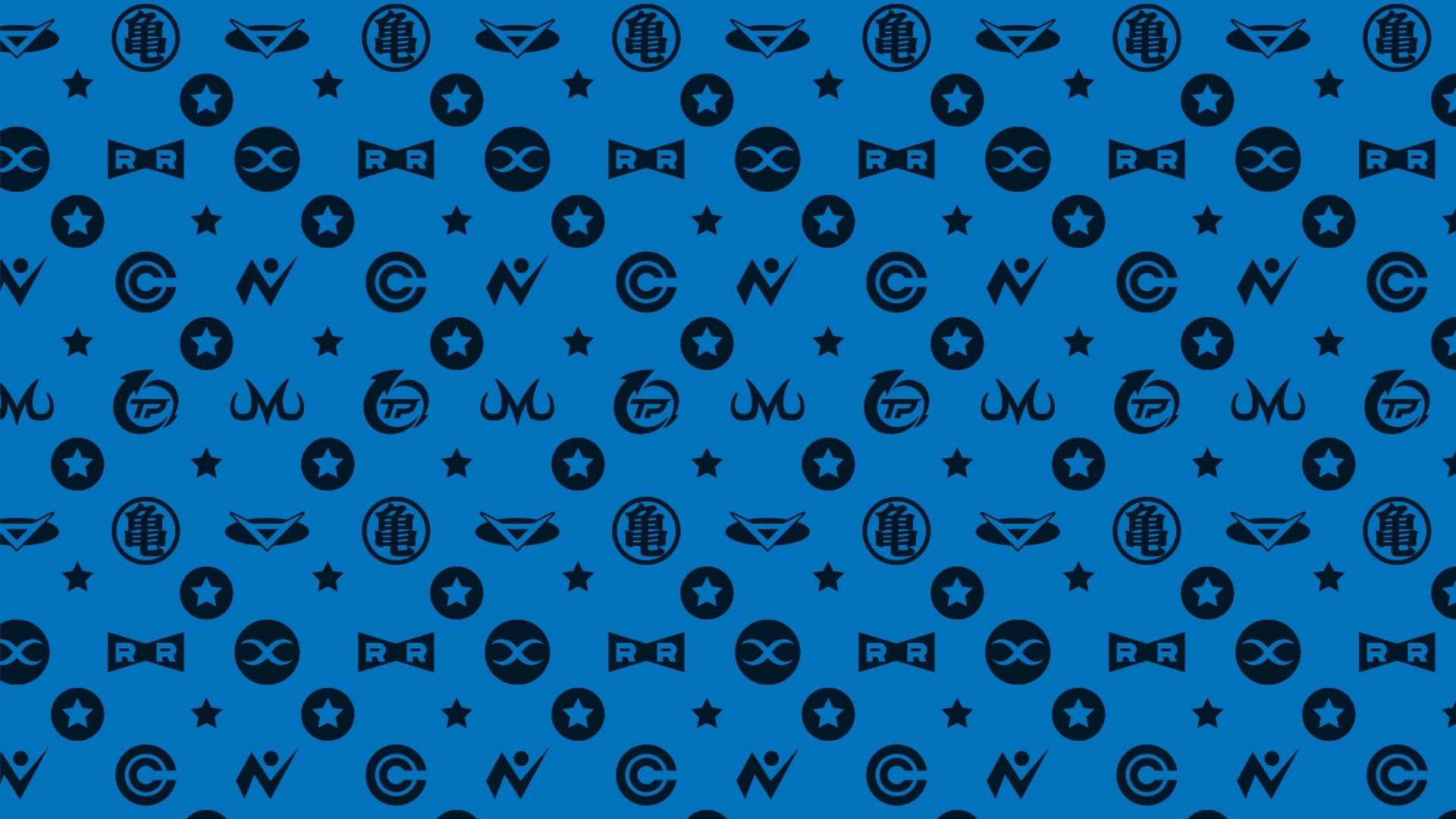HD PC desktop wallpaper featuring a seamless pattern of iconic black Dragon Ball anime symbols on a vibrant blue background.