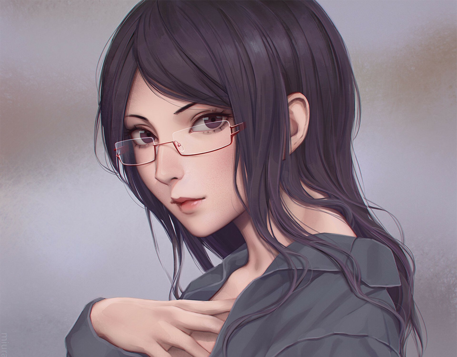HD PC desktop wallpaper of Rize Kamishiro from Tokyo Ghoul — anime-style close-up: dark purple hair, red glasses, calm gaze and exposed shoulder.