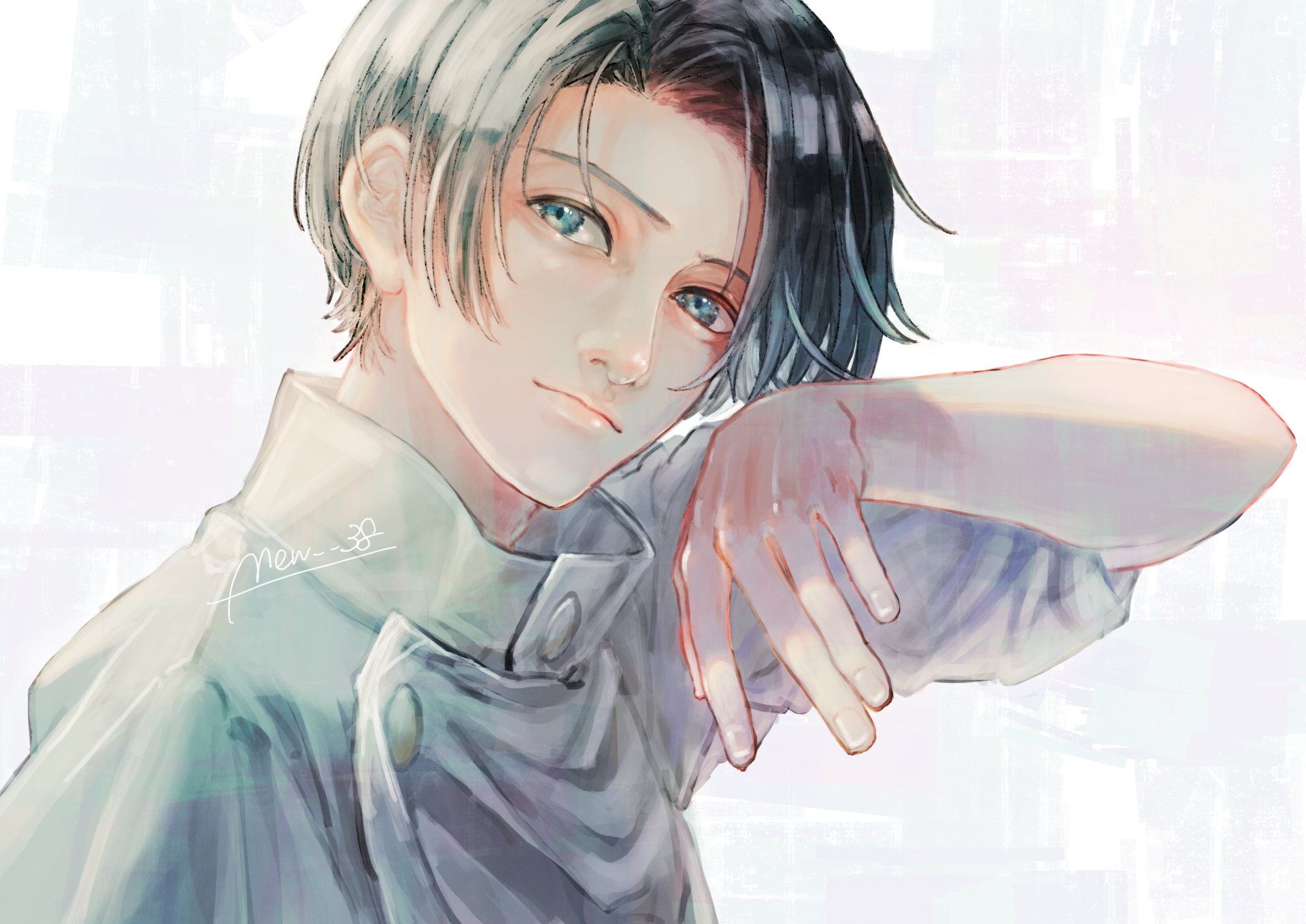 4K Ultra HD PC wallpaper of Yuta Okkotsu (Jujutsu Kaisen): soft pastel close-up, teal eyes, dark tousled hair, relaxed pose with hand near face against a light textured background.