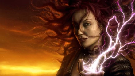 A mesmerizing red-haired witch conjures lightning against a dramatic sunset backdrop, blending elements of magic and fantasy in this striking HD wallpaper.