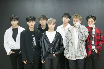 HD wallpaper featuring the K-pop group iKON, with seven members posing for a stylish group photo.
