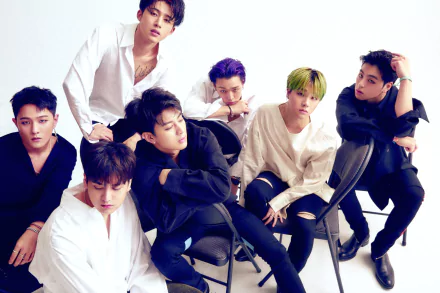 HD desktop wallpaper featuring iKON members in a stylish, coordinated photoshoot with a clean white background.