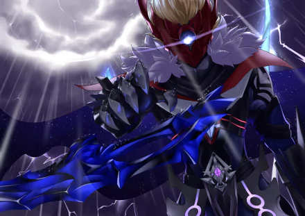 Tartaglia Childe from Genshin Impact powers up under a stormy night sky in this vibrant 4K Ultra HD PC desktop wallpaper.