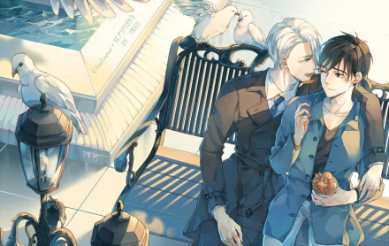 HD PC desktop wallpaper featuring Victor Nikiforov and Yuuri Katsuki from the anime Yuri!!! on ICE, depicted in a serene, sunlit moment with birds nearby.
