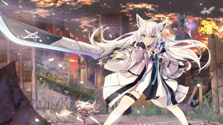 HD desktop wallpaper featuring the characters Shirakami Fubuki, Ookami Mio, and Nakiri Ayame from Hololive in an intense battle scene with vibrant anime-style artwork.