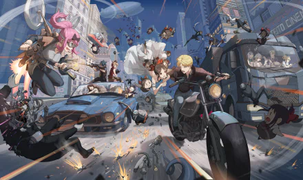HD desktop wallpaper featuring an action-packed scene from the anime Kaguya-sama: Love is War, with characters involved in a dynamic chase through a city.