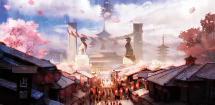HD anime-style PC desktop wallpaper portraying a vibrant street scene with cherry blossoms and traditional architecture, inspired by hololive alternative and Virtual YouTuber themes.