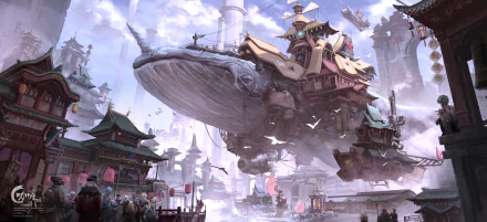 HD desktop wallpaper featuring characters from Genshin Impact (Qiqi, Zhongli, Xiao, Paimon, Lumine, Ganyu, Aether) and a majestic, floating mechanical whale in an elaborate, fantastical cityscape.