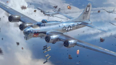 HD desktop wallpaper featuring a detailed Boeing B-17 Flying Fortress bomber warplane in a dramatic mid-air combat scene.