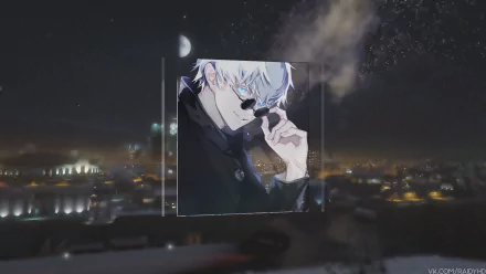 HD desktop wallpaper featuring Satoru Gojo from the anime Jujutsu Kaisen, framed in a picture-in-picture style against a nighttime cityscape background.