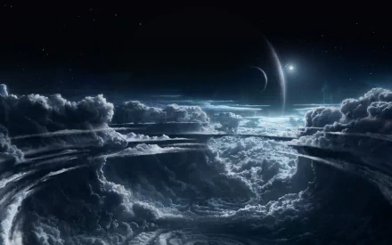 HD sci-fi desktop wallpaper depicting towering cumulonimbus clouds beneath a distant planet and star in deep space.