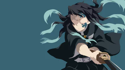 Minimalist 4K Ultra HD anime wallpaper featuring Muichiro Tokito from Demon Slayer: Kimetsu no Yaiba wielding a katana against a muted blue-gray background.