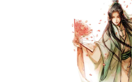 HD anime desktop wallpaper featuring a character from The Scum Villain's Self-Saving System, holding a fan amidst falling cherry blossom petals on a white background.