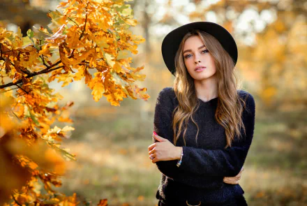 fall hat brunette depth of field woman model HD Desktop Wallpaper | Background Image