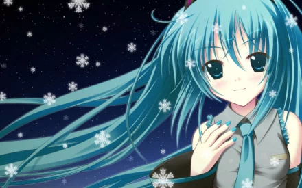 A vibrant HD wallpaper featuring Hatsune Miku, the iconic Vocaloid character, set against a starry night background with falling snowflakes, showcasing her signature blue hair and expressive eyes.