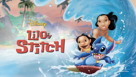 HD desktop wallpaper featuring Stitch and Lilo from the Disney movie Lilo & Stitch, riding a surfboard through ocean waves with a tropical background.