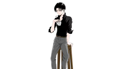 4K Ultra HD anime wallpaper featuring Levi Ackerman from Attack on Titan, standing casually with a serious expression against a white background.