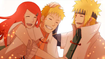 HD anime wallpaper featuring Minato Namikaze, Kushina Uzumaki, and Naruto Uzumaki sharing a joyful moment from the Naruto series.